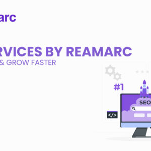 Digital illustration showing SEO services concept with search bar, analytics dashboard, and content strategy elements representing Reamarc's SEO solutions.