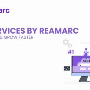 Digital illustration showing SEO services concept with search bar, analytics dashboard, and content strategy elements representing Reamarc's SEO solutions.