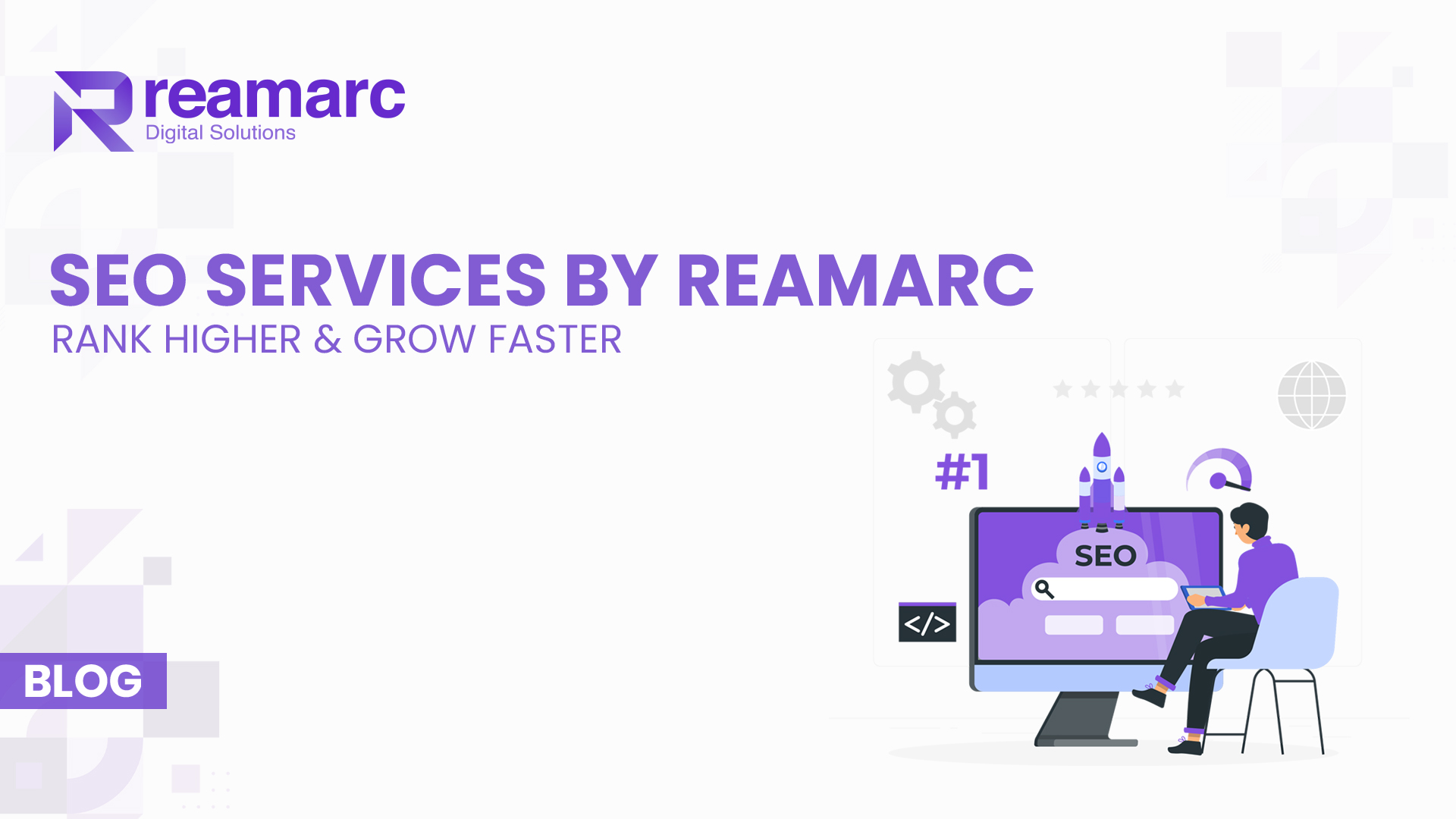 Digital illustration showing SEO services concept with search bar, analytics dashboard, and content strategy elements representing Reamarc's SEO solutions.