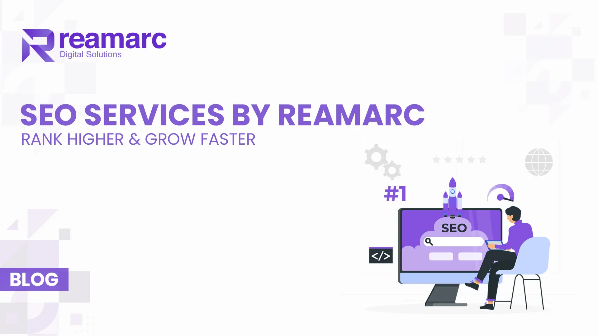 Digital illustration showing SEO services concept with search bar, analytics dashboard, and content strategy elements representing Reamarc's SEO solutions.