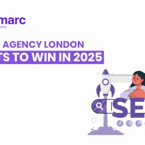 Top-rated SEO agency in London for 2025 – Reamarc Digital Solutions blog banner with SEO rocket, search bar, and analytics icons.
