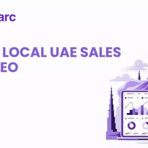 Reamarc Digital Solutions banner with purple theme showing “Boost Local UAE Sales with SEO” headline, analytics dashboard illustration, rocket icon, and Dubai skyline – perfect for local SEO marketing in the UAE.