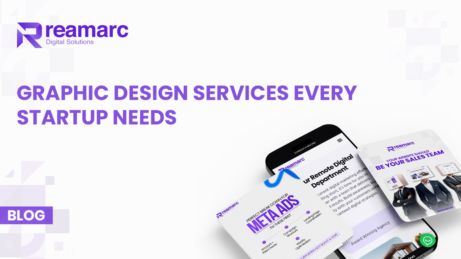 Graphic design services for startups showing branding, website design, and digital marketing visuals by reamarc digital solutions