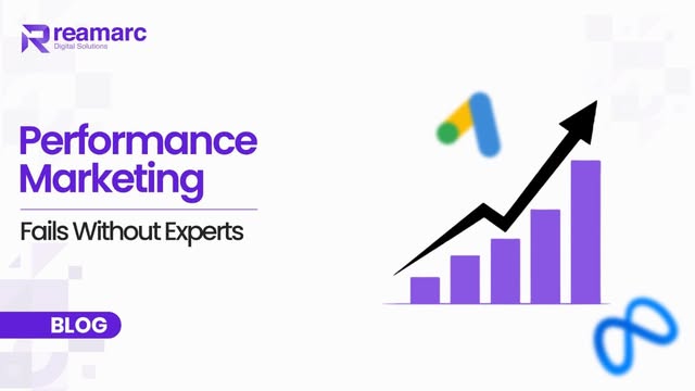 Performance marketing illustration showing rising growth chart, Google Ads and Meta icons, highlighting failure when campaigns are managed without experts