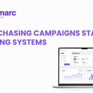 Laptop displaying CRM analytics dashboard with headline about building systems instead of chasing marketing campaigns for stable and scalable business growth