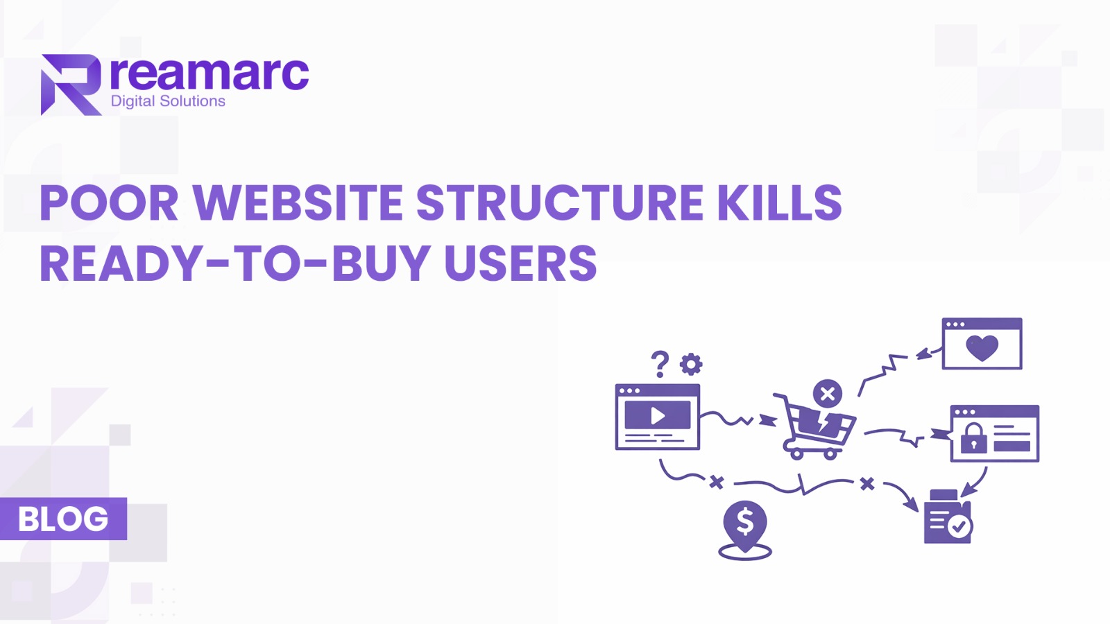 Illustration showing a broken user journey where poor website structure causes confusion, abandoned carts, and lost high-intent buyers before conversion.