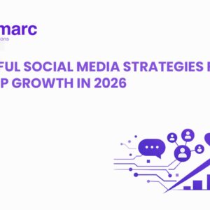 A banner image showcasing powerful social media strategies for startup growth in 2026, featuring icons representing engagement, communication, and growth.
