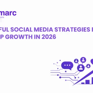 A banner image showcasing powerful social media strategies for startup growth in 2026, featuring icons representing engagement, communication, and growth.