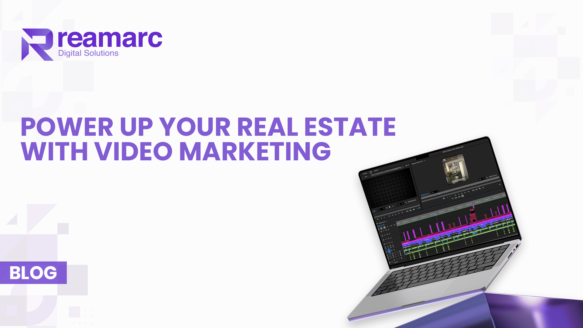 Laptop displaying video editing software with a property image, emphasizing the importance of video marketing for real estate businesses.